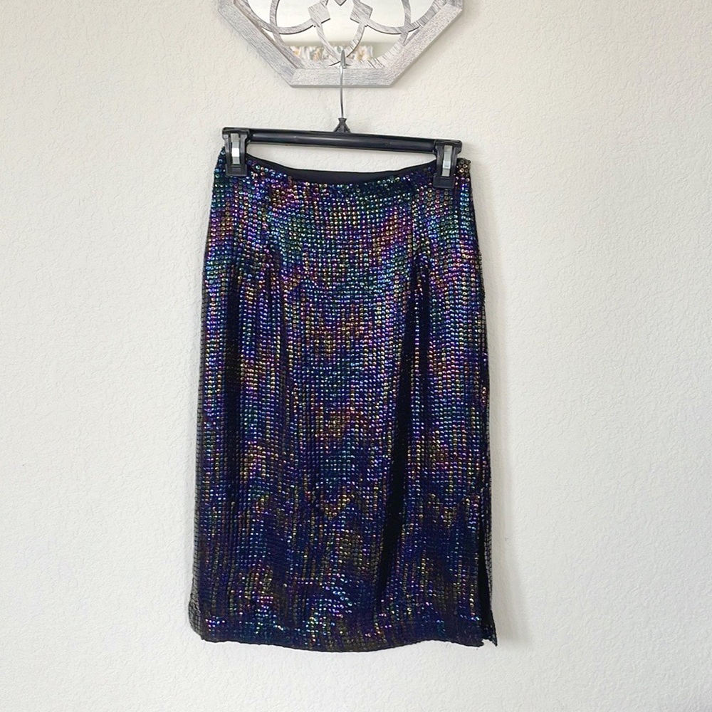 Impulse • NWT Iridescent Rainbow Sequin Mermaid Midi Skirt Side Slit